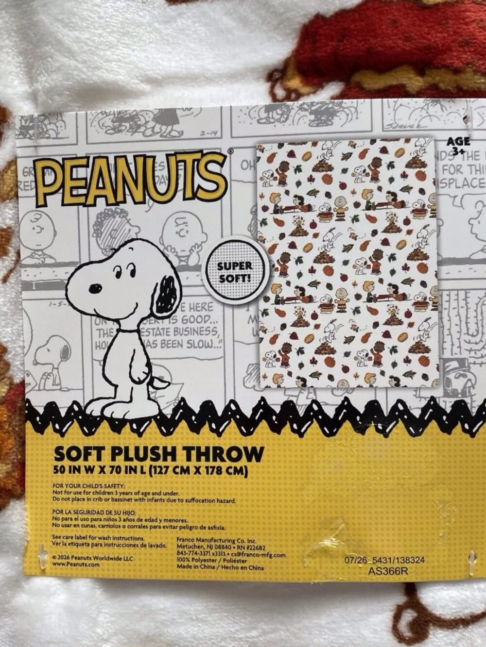 Peanuts Snoopy Fall Autumn Throw Blanket Charlie Lucy Franklin 50” X 70” NEW